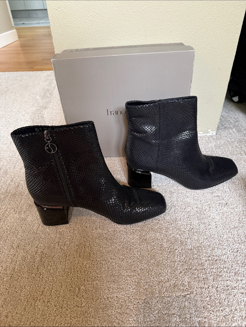 Franco Sarto Marquee Black Textured Snake-Embossed Ankle Boots